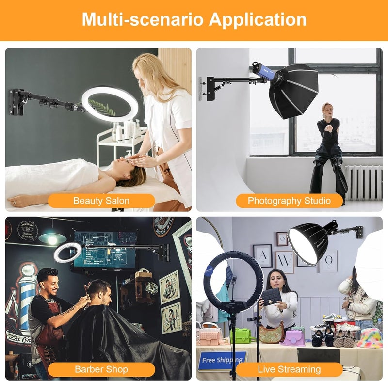 SITTO Store Ring Light Wall Mount 43inch/110cm, Triangle Boom Arm for Barbershop, Beauty Salon, Live Streaming, Tattoo, Photography Studio, Support 180° Rotation - Image 2